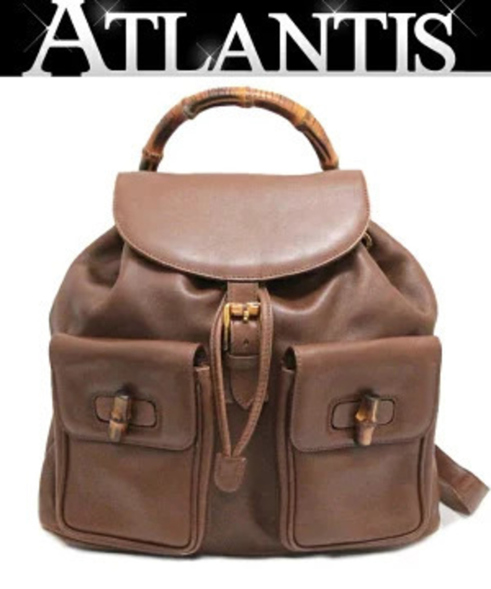 Gucci Bamboo Backpack Rucksack Daybag Brown Leather Double Pockets